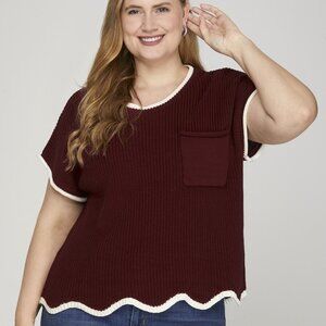 PLUS SIZE SHE + SKY BURGUNDY/MAROON SWEATER WITH WHITE PIPING